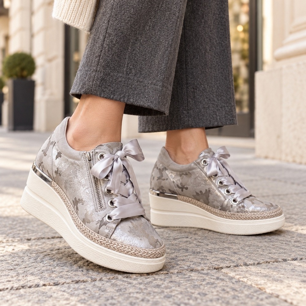 Softwaves Metallic Camo Ribbon Platform Wedge Sneakers EU 38.5